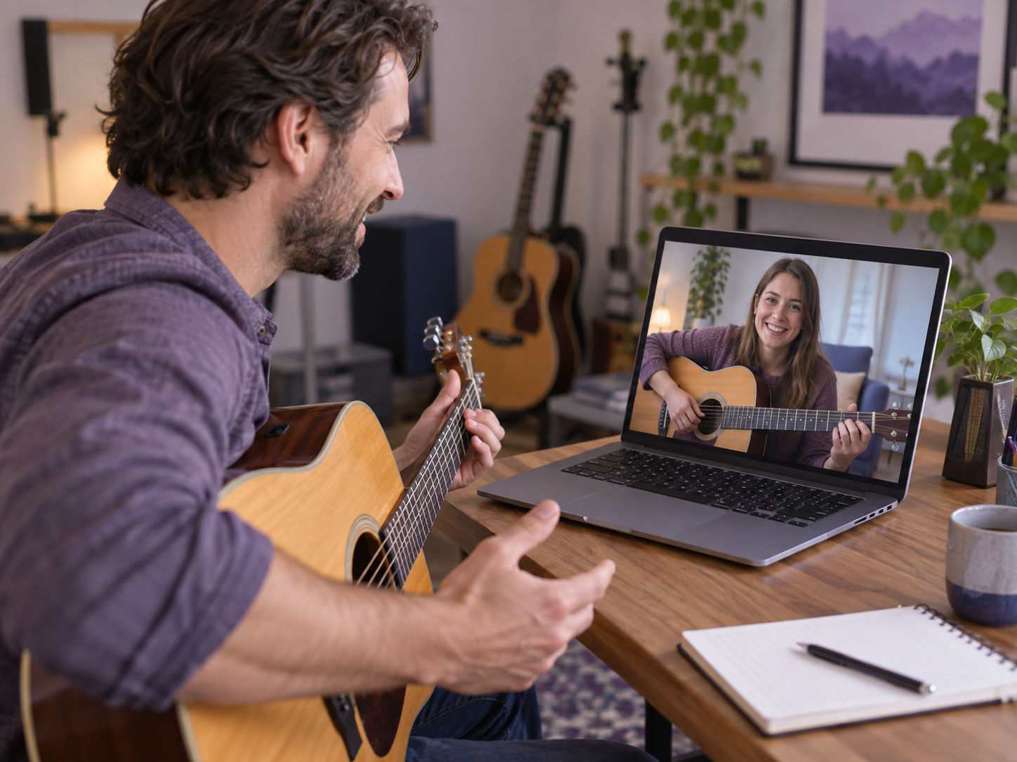 Gitaarleraar met een leerling via een videogesprek op zijn laptop